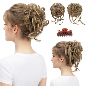 image:imageSARLA 2PCS Blonde Messy Bun Hair Pieces for Women Detachable Claw Clip Wavy Curly Synthetic Hairpieces for Updos with Tendrils Fake Scrunchies Ponytail Extension Dirty BlondeBernsteinWith Clip