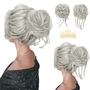image:imageSARLA 2PCS Blonde Messy Bun Hair Pieces for Women Detachable Claw Clip Wavy Curly Synthetic Hairpieces for Updos with Tendrils Fake Scrunchies Ponytail Extension Dirty BlondeGrey MultiWith Clip