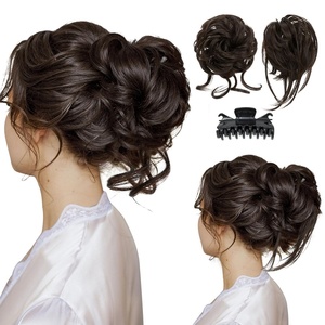 image:imageSARLA 2PCS Blonde Messy Bun Hair Pieces for Women Detachable Claw Clip Wavy Curly Synthetic Hairpieces for Updos with Tendrils Fake Scrunchies Ponytail Extension Dirty BlondeDark BrownWith Clip