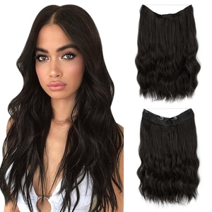 image:imageSARLA Invisible Wire Hair Extension with 3 Clips Synthetic Short Beach Wave Hairpiece Transparent Adjustable Headband for Women 16 Inch Dirty BlondeBlack Brown