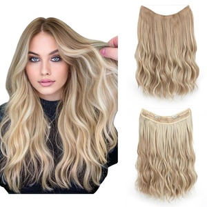 image:imageSARLA Invisible Wire Hair Extension with 3 Clips Synthetic Short Beach Wave Hairpiece Transparent Adjustable Headband for Women 16 Inch Dirty BlondeDirty Blonde
