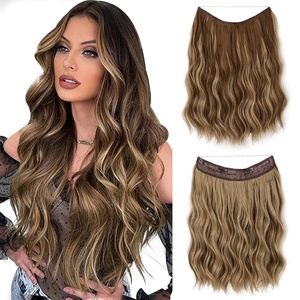 image:imageSARLA Invisible Wire Hair Extension with 3 Clips Synthetic Short Beach Wave Hairpiece Transparent Adjustable Headband for Women 16 Inch Dirty BlondeMedium Ash Brown