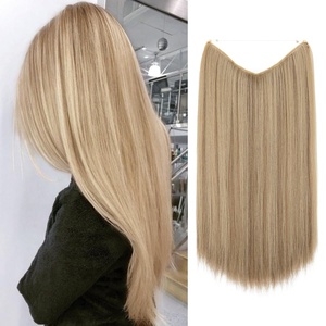 image:imageSARLA Invisible Wire Hair Extensions Straight Long Synthetic Hairpieces 22 Inch Adjustable Transparent Headband for Women Dirty BlondeSand