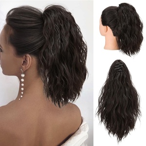 image:imageSARLA Short Ponytail Extension Claw Clip in 13 Inch Fluffy Synthetic Curly Wavy Pony Tail Hairpiece for Women Dirty BlondeBlack Brown