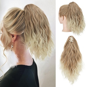 image:imageSARLA Short Ponytail Extension Claw Clip in 13 Inch Fluffy Synthetic Curly Wavy Pony Tail Hairpiece for Women Dirty BlondeGloden Blonde and Beach Blonde Tips