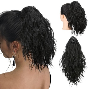 image:imageSARLA Short Ponytail Extension Claw Clip in 13 Inch Fluffy Synthetic Curly Wavy Pony Tail Hairpiece for Women Dirty BlondeJet Black